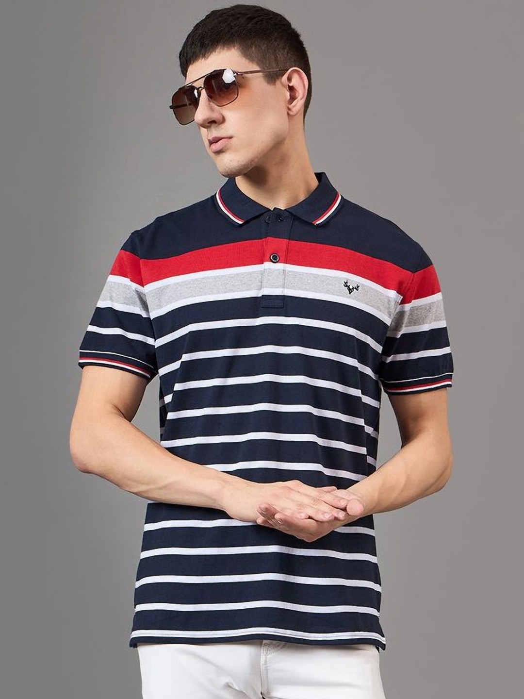 

BRONATION Men Striped Polo Collar Cotton T-shirt, Navy blue