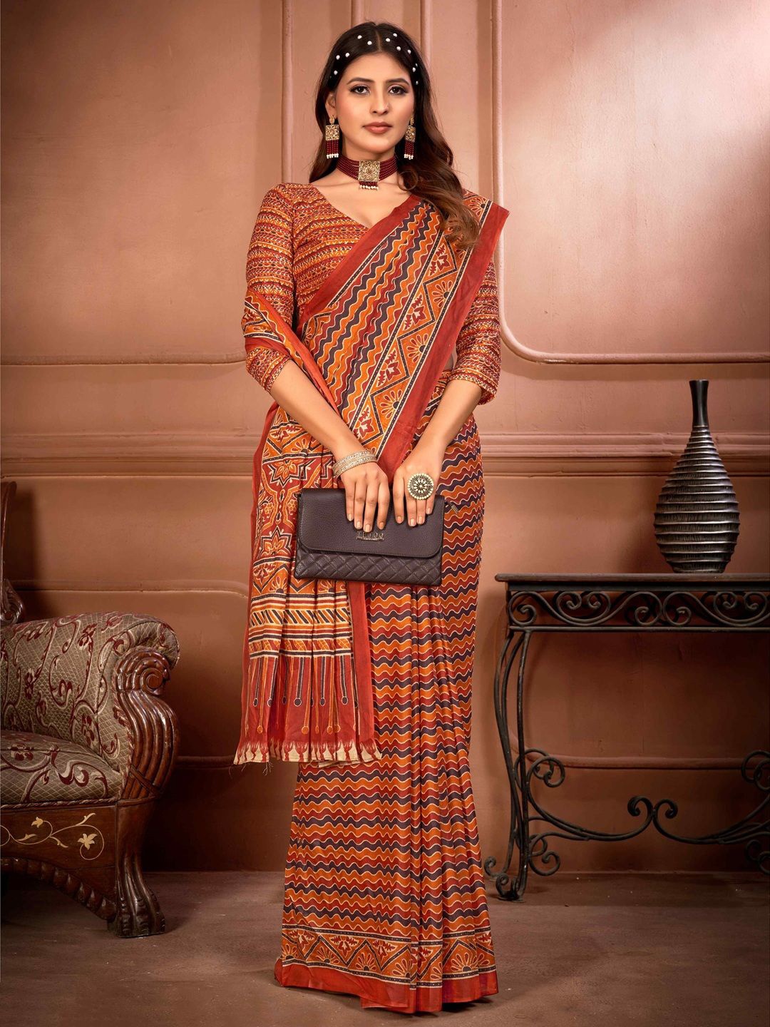 

HERE&NOW Ethnic Motifs Printed Pure Cotton Ikat Saree, Orange