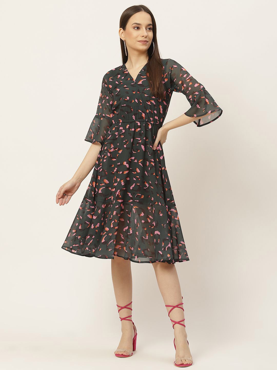 

Moda Rapido Print Bell Sleeve Georgette Fit & Flare Dress, Black