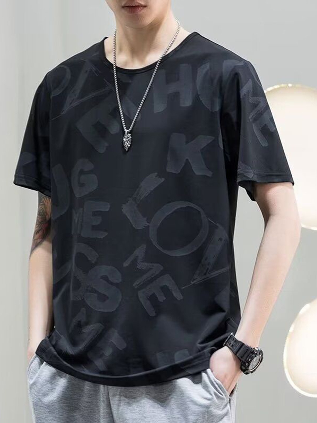 

StyleCast Men Typography Printed Round Neck Silk T-shirt, Black