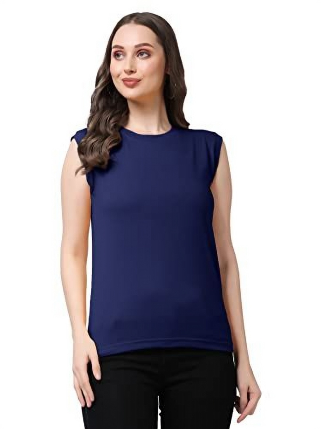 

NOTWILD Women Solid Round Neck Cotton T-shirt, Navy blue