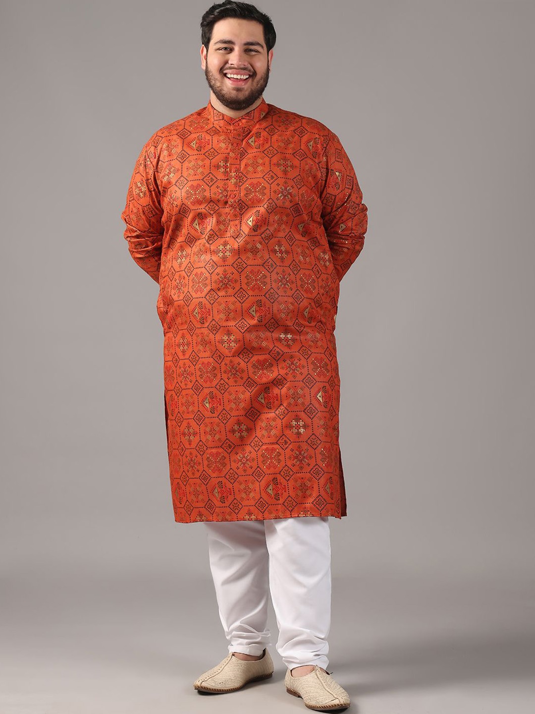 

SOJANYA PLUS Size Ethnic Motifs Foil Printed Band Collar Cotton Linen Straight Kurta, Orange