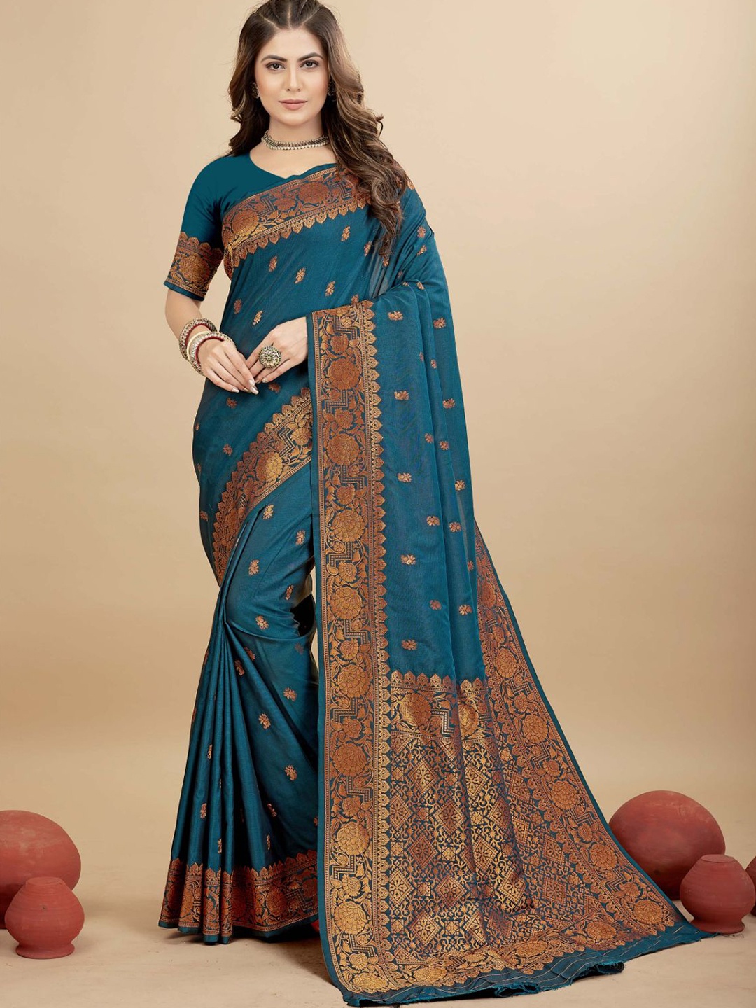 

amirat Woven Design Zari Pure Silk Banarasi Saree, Teal