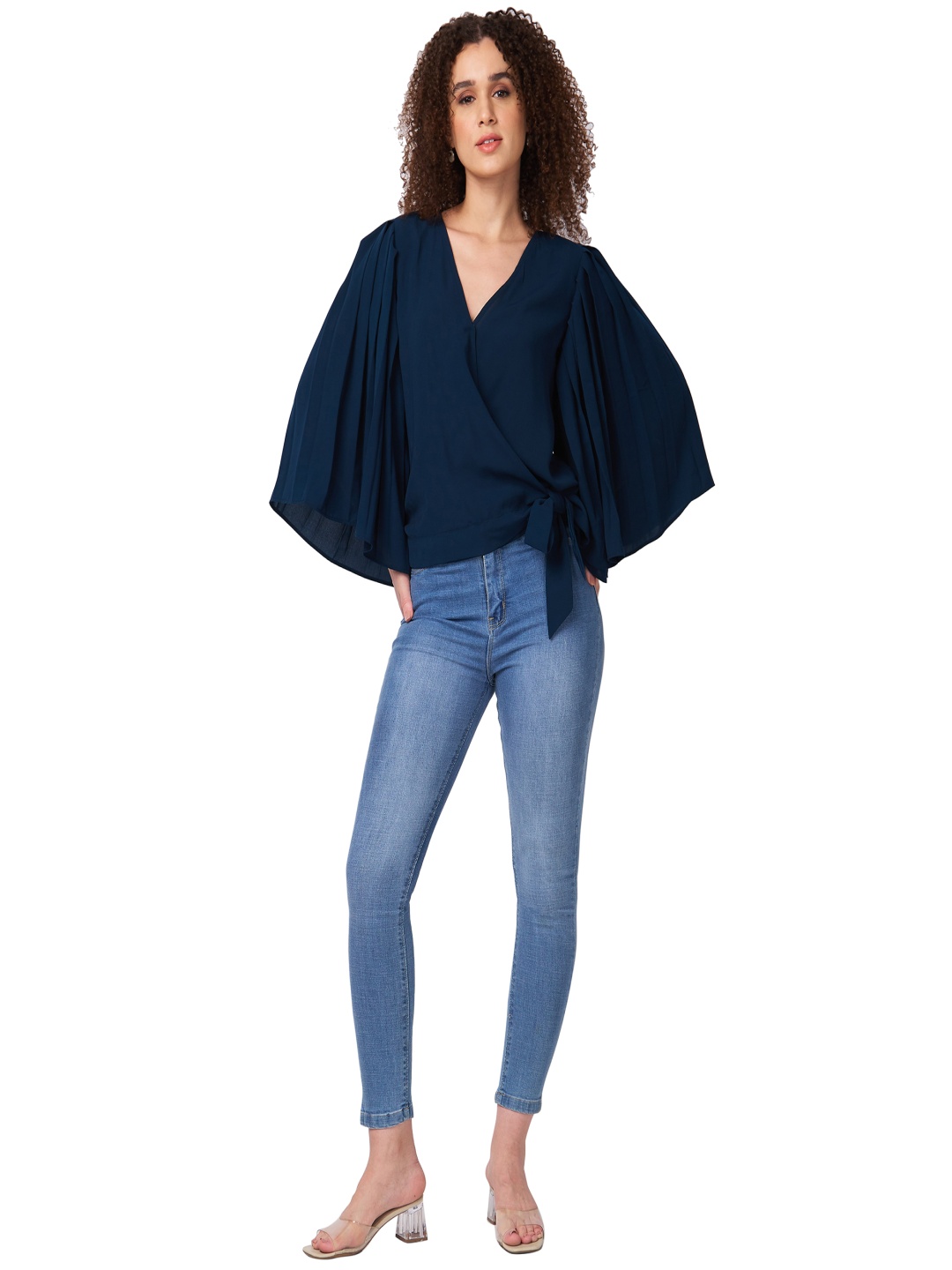 

Iti Women V-Neck Flared Sleeve Wrap Top, Navy blue