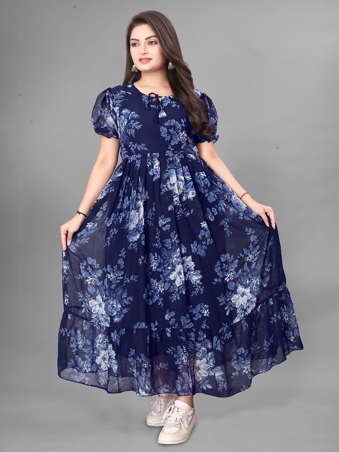 

QENA Floral Printed Puff Sleeve Georgette Fit and Flare Maxi Dress, Navy blue