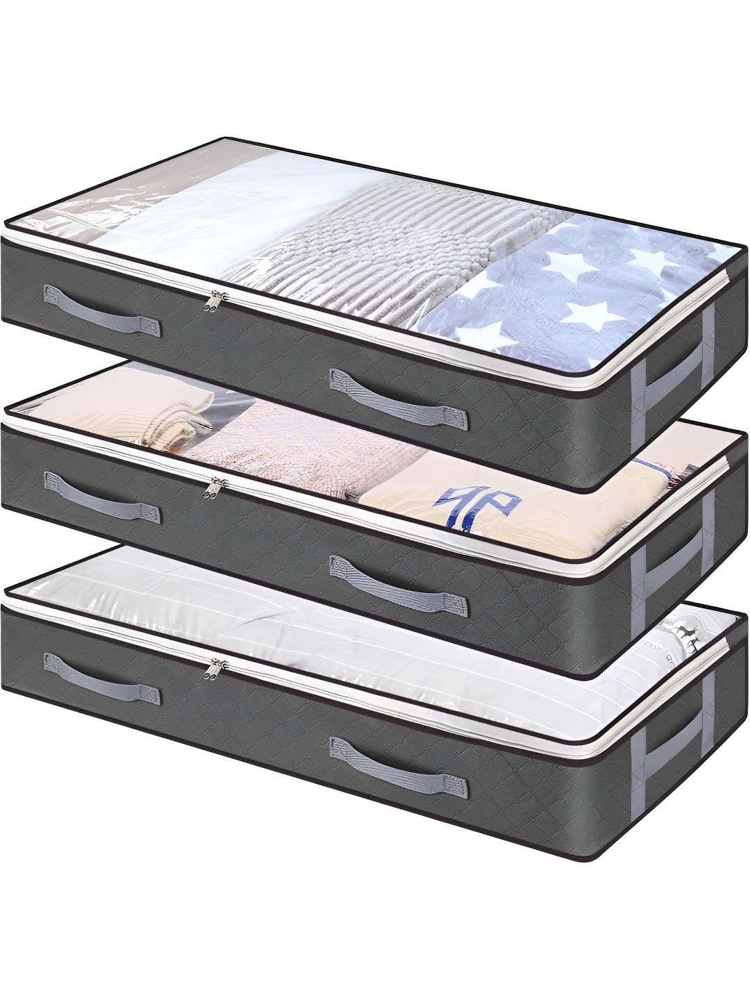 

HOUSE OF QUIRK Grey & Transparent 3 Pieces Multi-Utility Foldable Clothes Bag Organisers