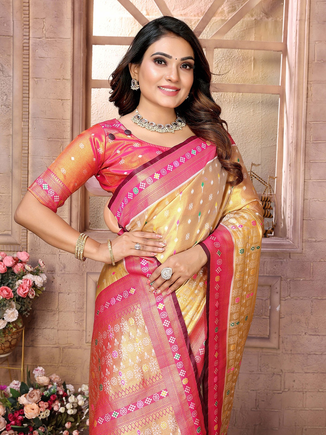 

Vintro Woven Design Zari Tissue Patola Saree, Yellow