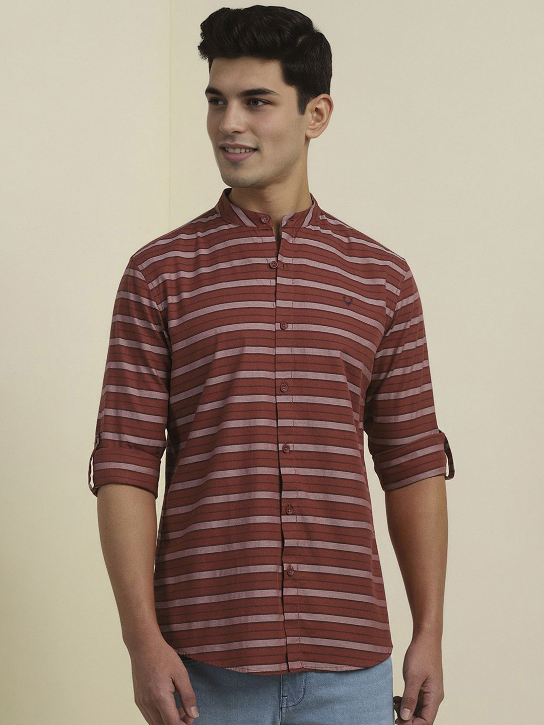 

Allen Solly Men Custom Fit Band Collar Horizontal Striped Cotton Casual Shirt, Brown
