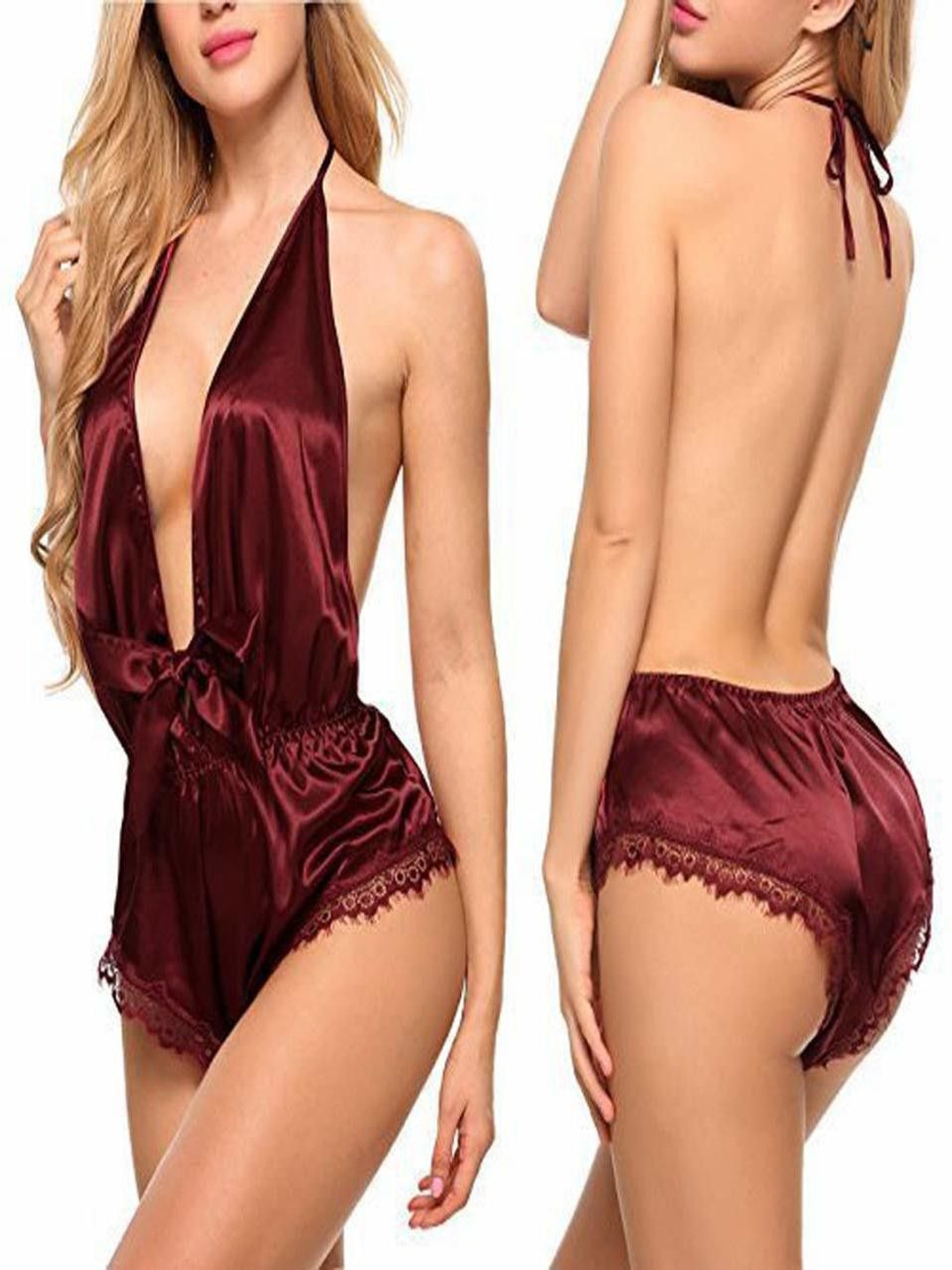 

SSoShHub Satin Halter Neck Baby Doll, Maroon
