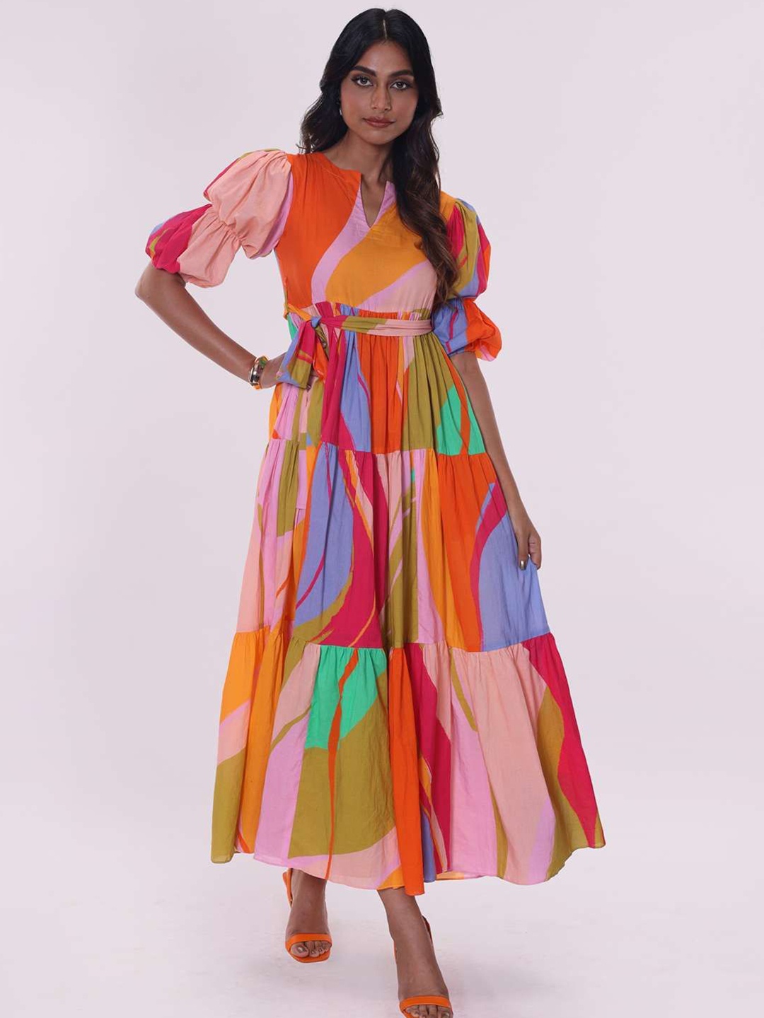 

POPPI Women Vivid Printed Cotton Maxi Dress, Orange