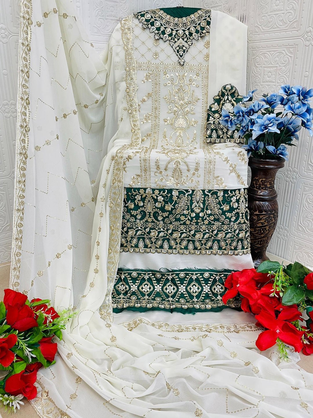 

ANAMSA Ethnic Motifs Zari Embroidered Semi-Stitched Dress Material, White