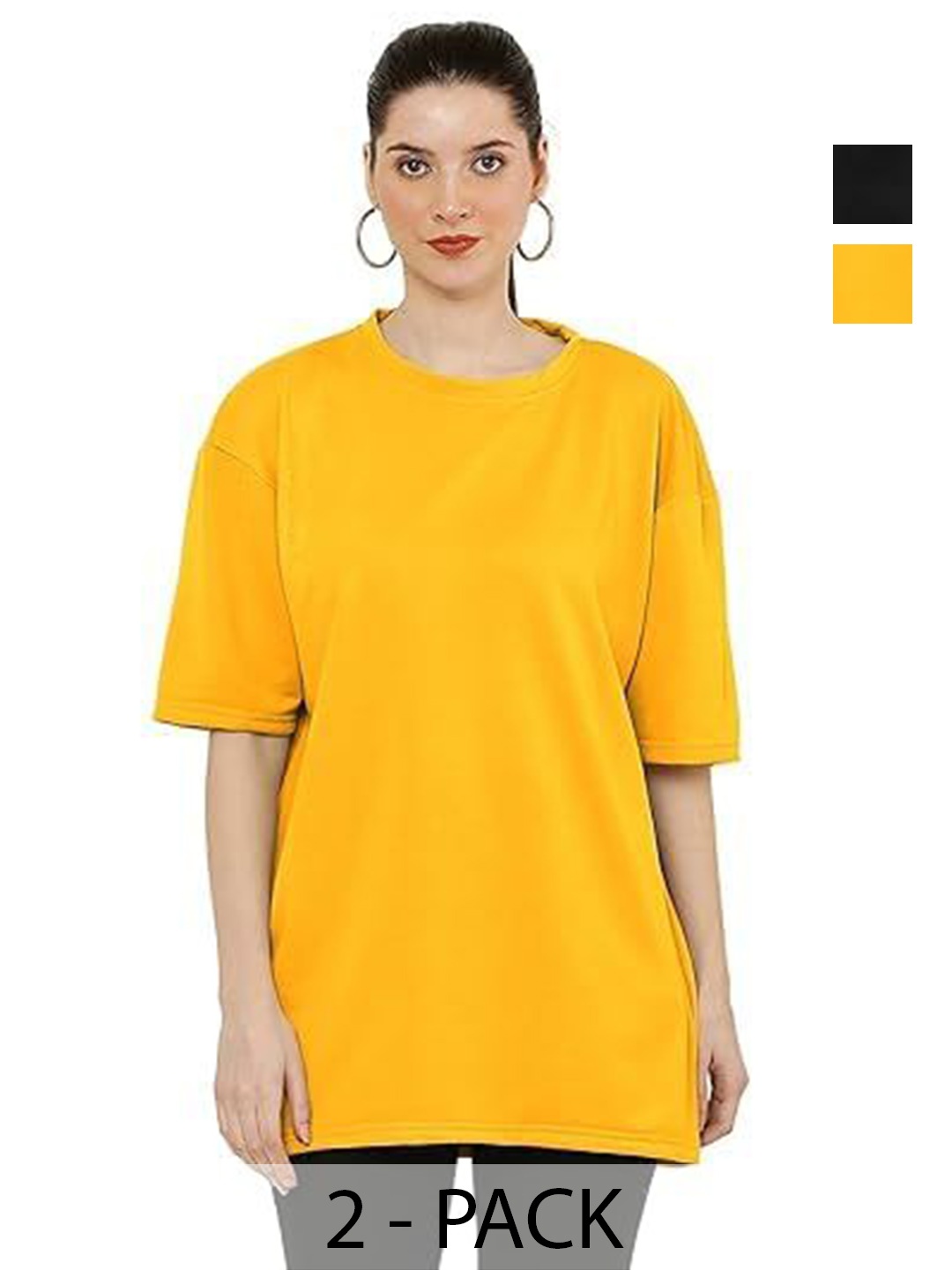 

NOTWILD Women Pack Of 2 Solid Round Neck Cotton T-shirts, Yellow