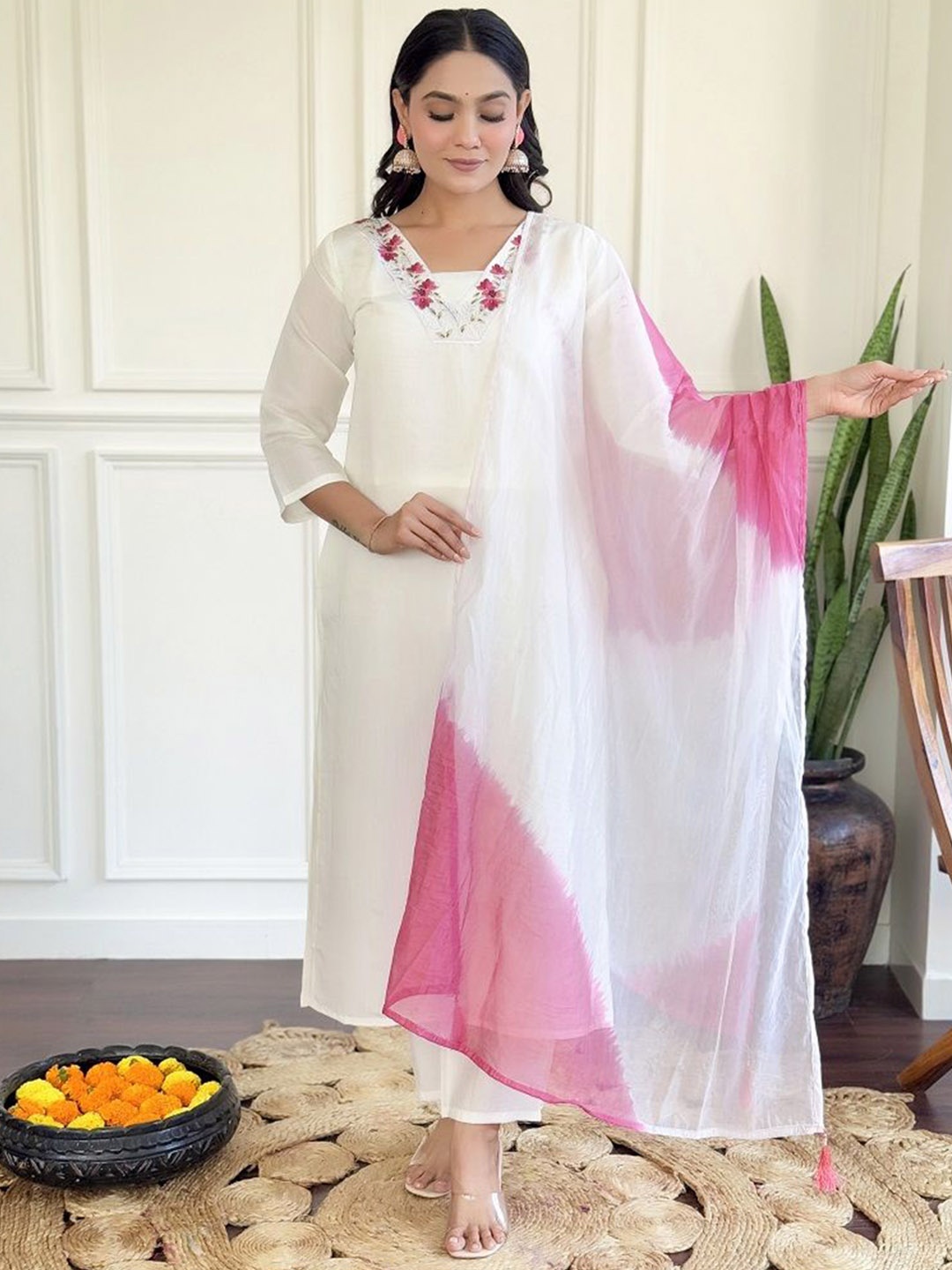 

KAUTIK FABRICS Floral Yoke Design V-Neck Chanderi Silk Kurta With Trouser & Dupatta, White