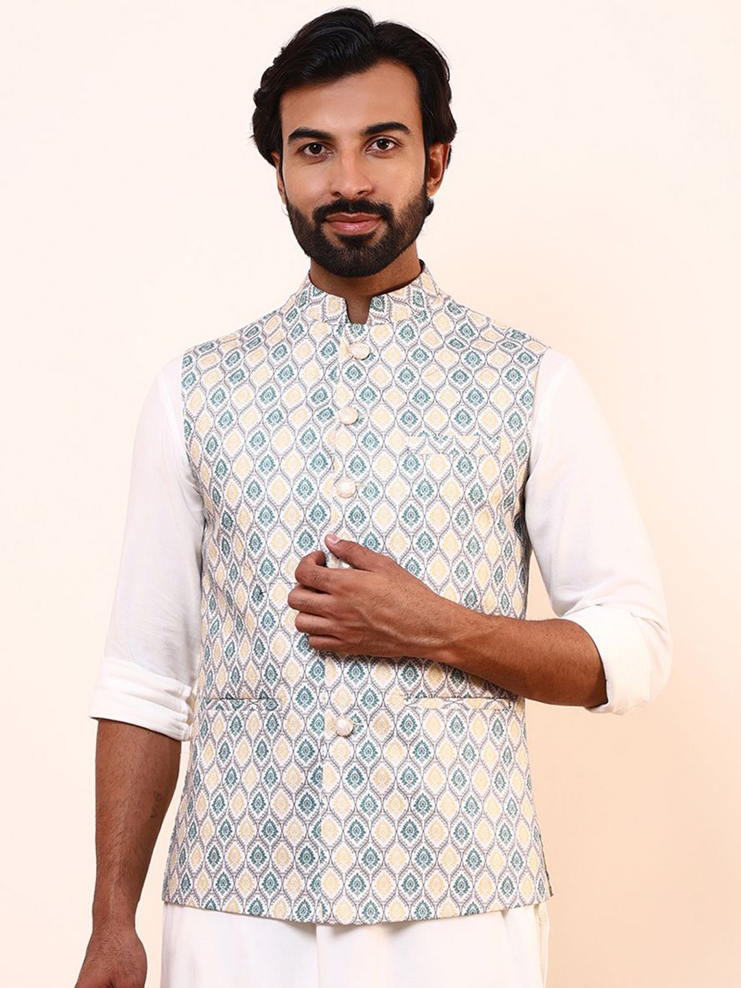 

Satwaa Ethnic Motifs Printed Nehru Jacket, Green