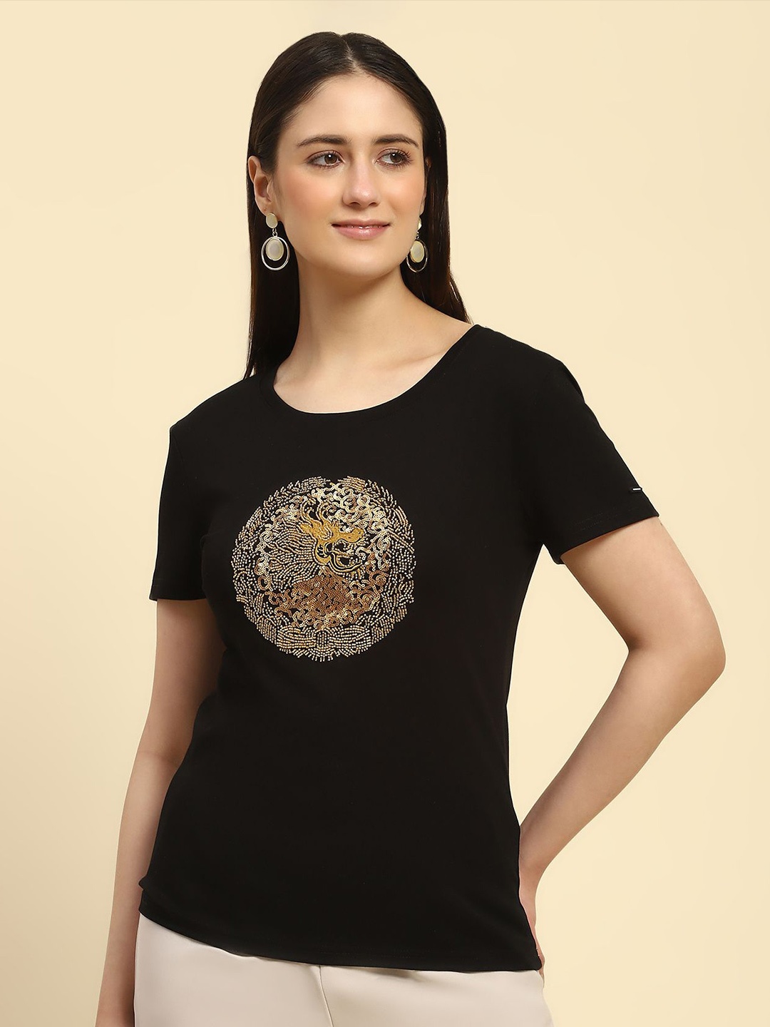 

Global Republic Women Embellished Embroidered Cotton Top, Black