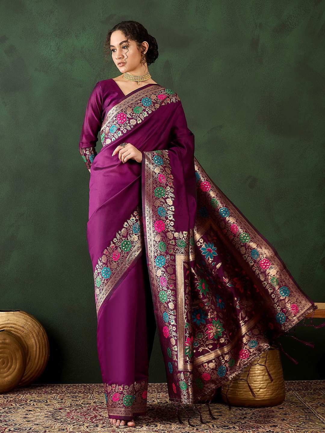 

KALINI Zari Ethnic Motifs Banarasi Saree, Purple