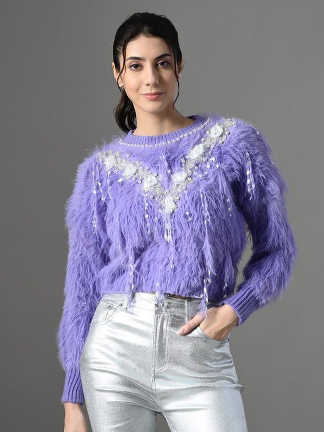 

PANKH Women Woollen Pullover with Fuzzy Detail, Purple