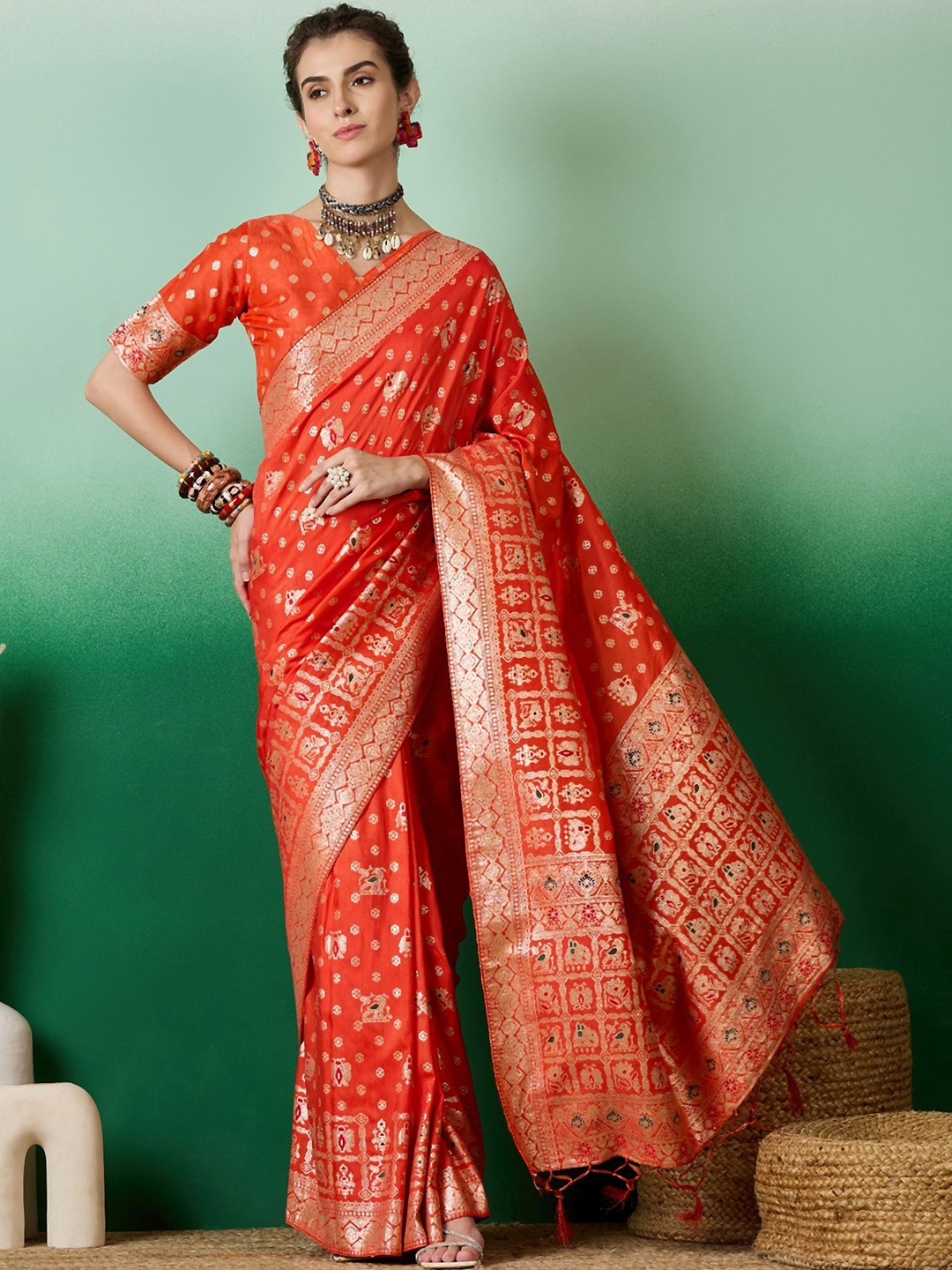 

KALINI Woven Design Banarasi Saree, Orange
