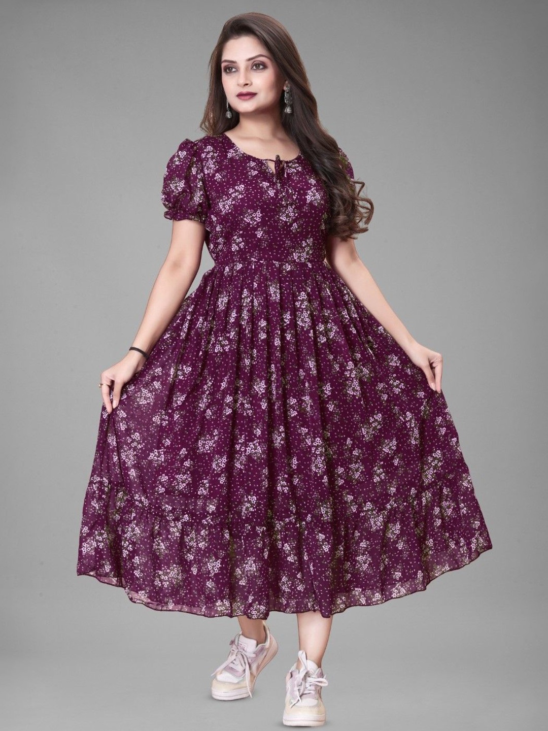 

BAESD Floral Print Keyhole Neck Puff Sleeve Georgette Fit & Flare Maxi Dress, Purple