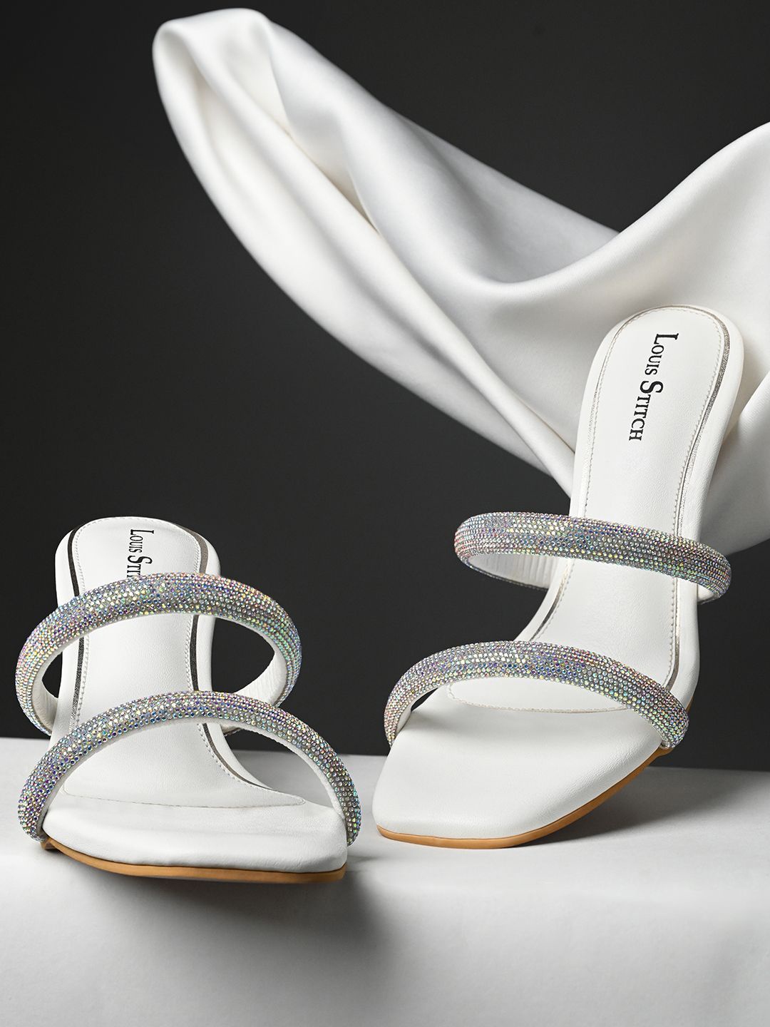 

LOUIS STITCH Women's White Open Toe Glitter Double Strap Lightweight Sandals