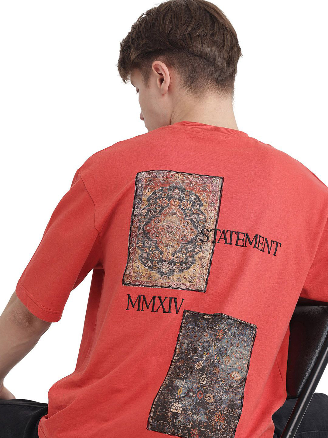 

RARE RABBIT Men Graphic Printed Round Neck Cotton T-shirt, Red