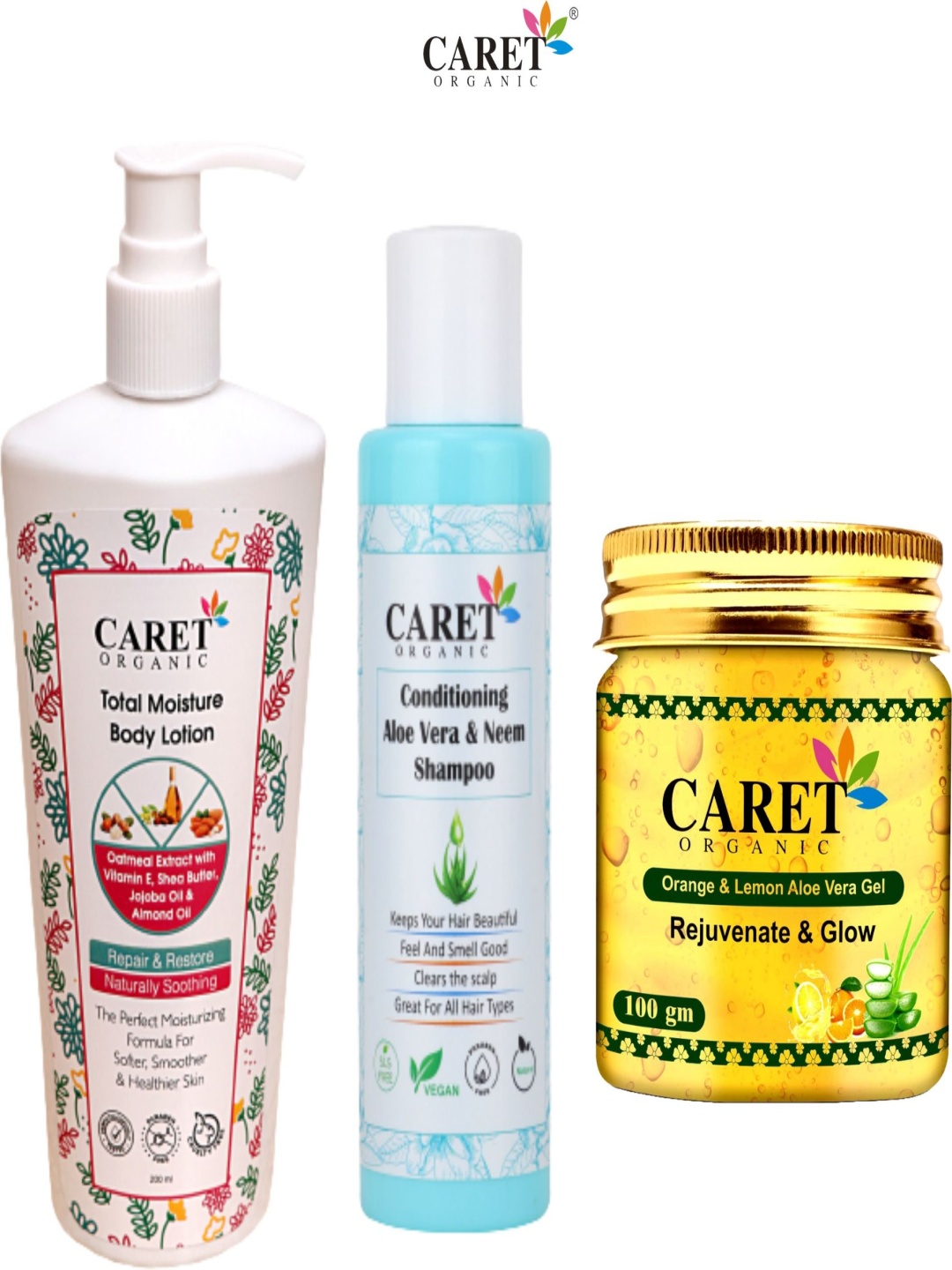 

CARET ORGANIC Set Of 3 Total Moisture Lotion, Orange Aloevera Gel & Neem Shampoo, Multi