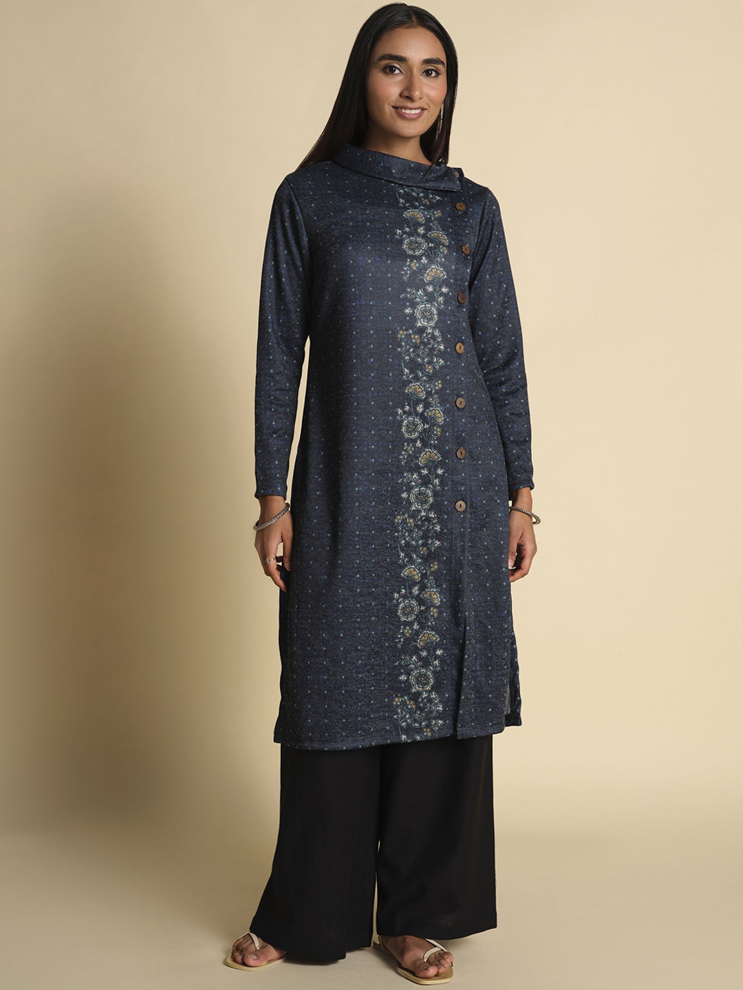 

Global Desi Floral Woven Design Boat Neck Straight Kurta, Blue