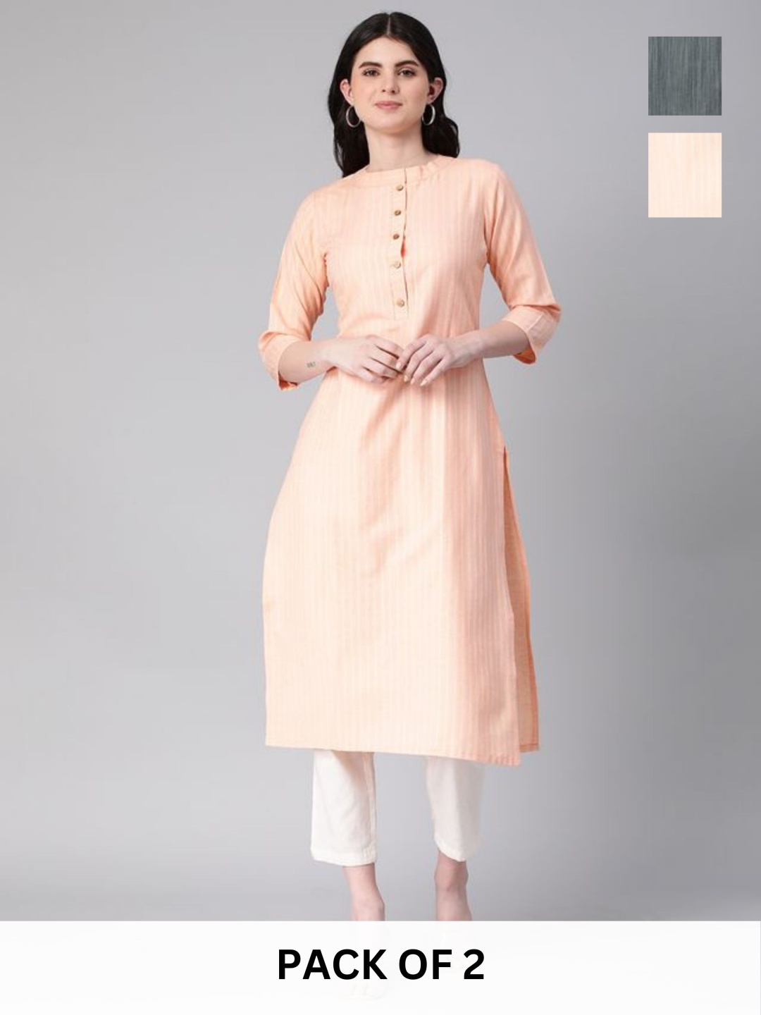 

KALINI Selection Of 2 Striped Round Neck Straight Kurtas, Peach