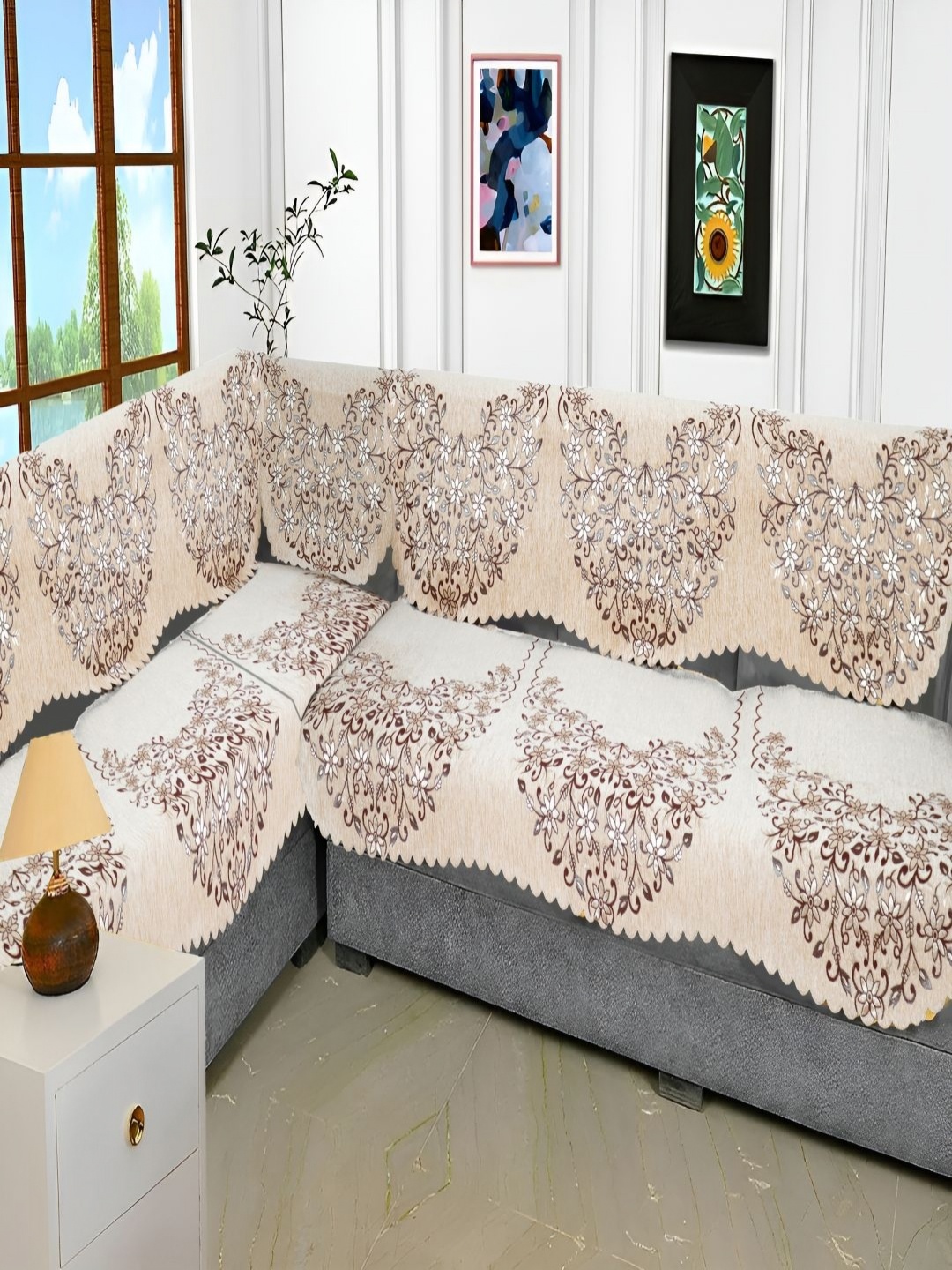 

Fashion Throw Beige & Brown 6 Pieces Floral Printed Jacquard Sofa Covers Without Arms