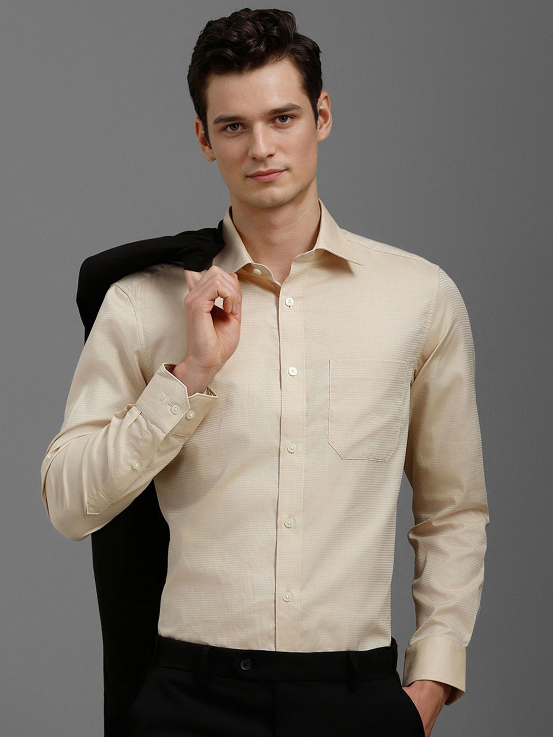 

Louis Philippe Men Classic Slim Fit Spread Collar Textured Cotton Formal Shirt, Beige