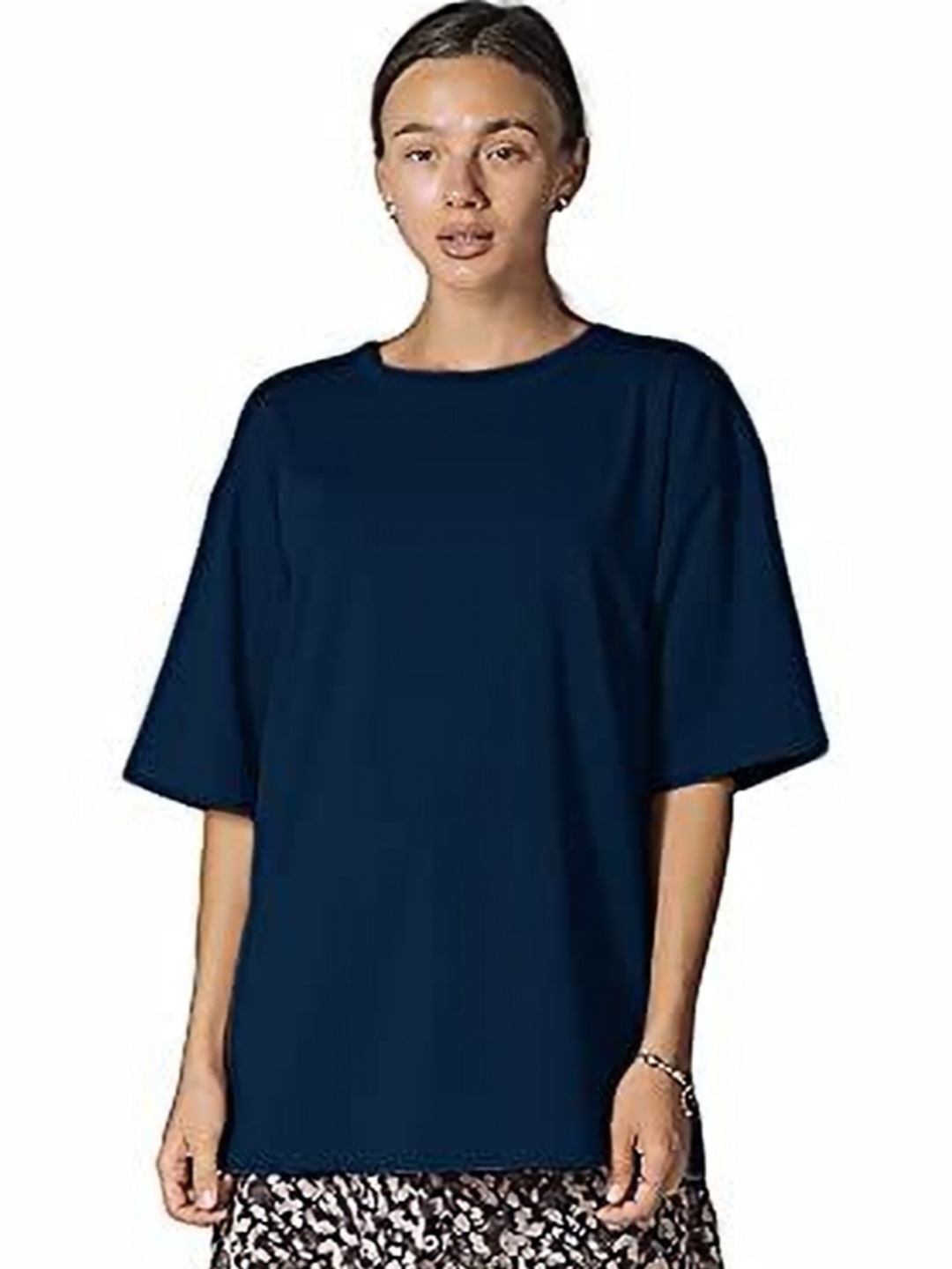 

NOTWILD Women Solid Round Neck Cotton Oversized T-shirt, Navy blue