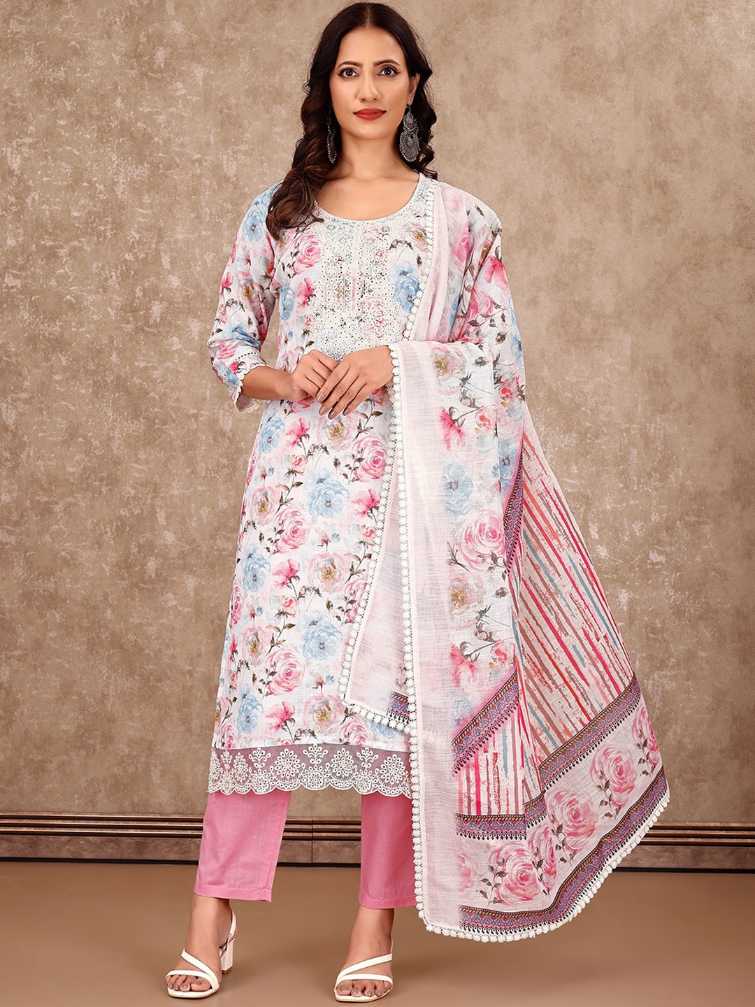 

VIRICA Women Floral Embroidered Regular Chikankari Linen Kurta with Trousers & With Dupatta, Pink