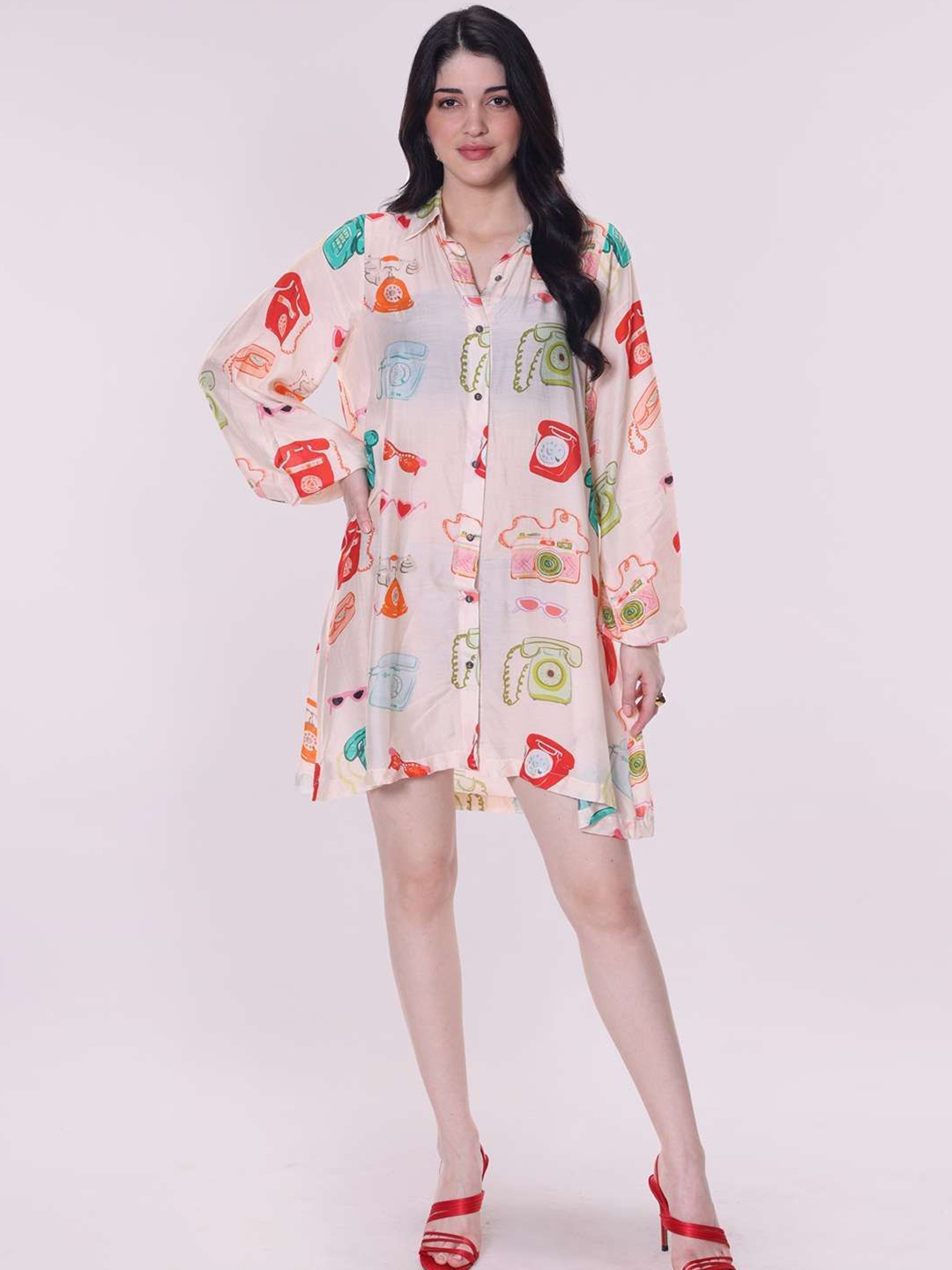 

POPPI Women Telly Printed Loose Cotton Shirt Dress, Beige