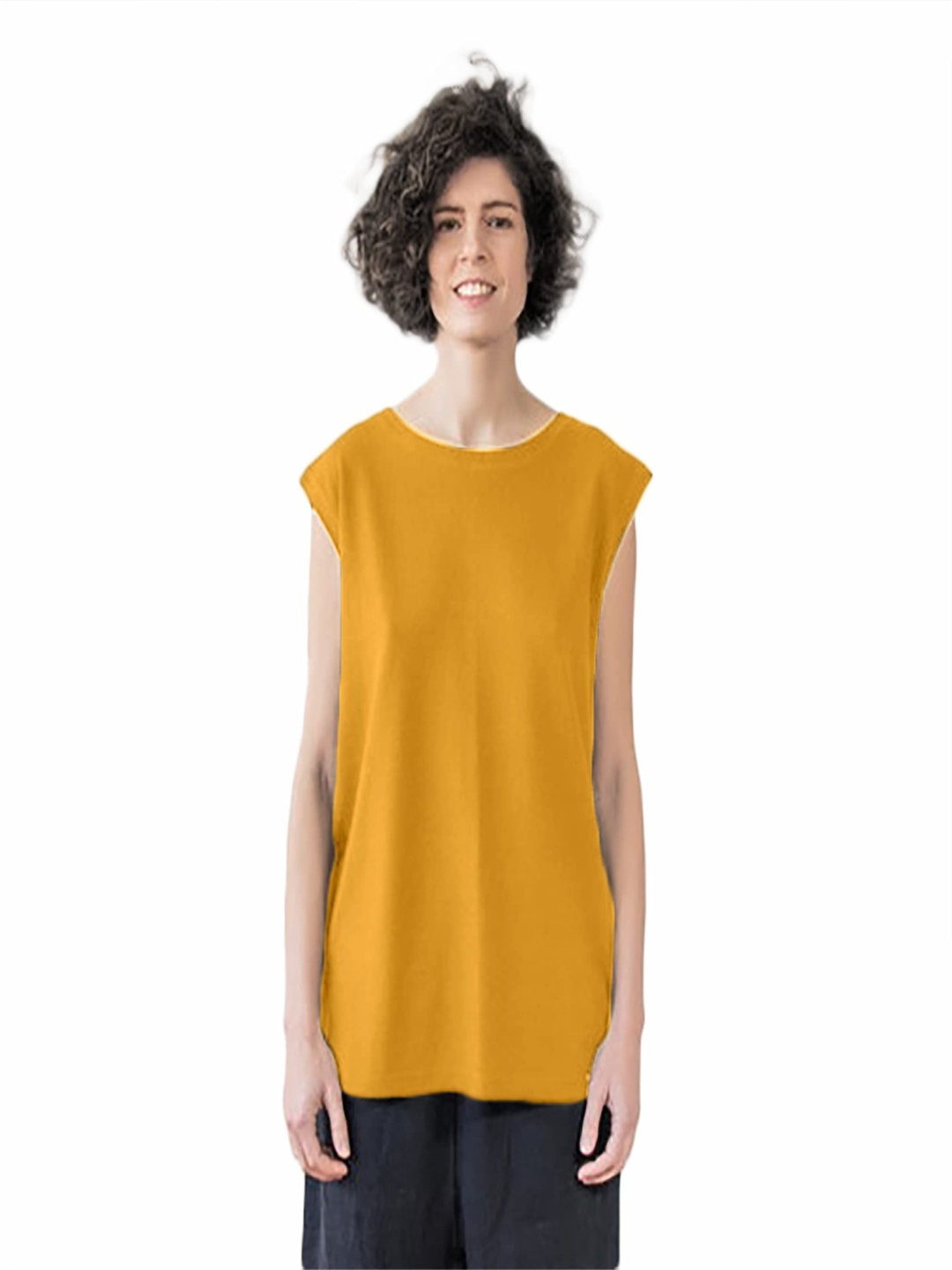 

NOTWILD Women Solid Round Neck Cotton T-shirt, Mustard