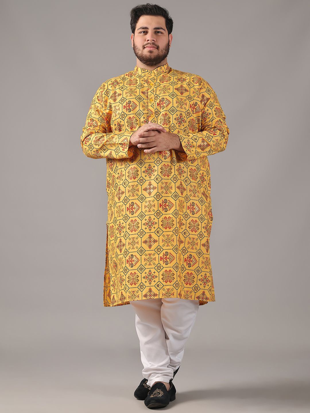 

SOJANYA PLUS Size Ethnic Motifs Printed Band Collar Cotton Linen Straight Kurta, Yellow