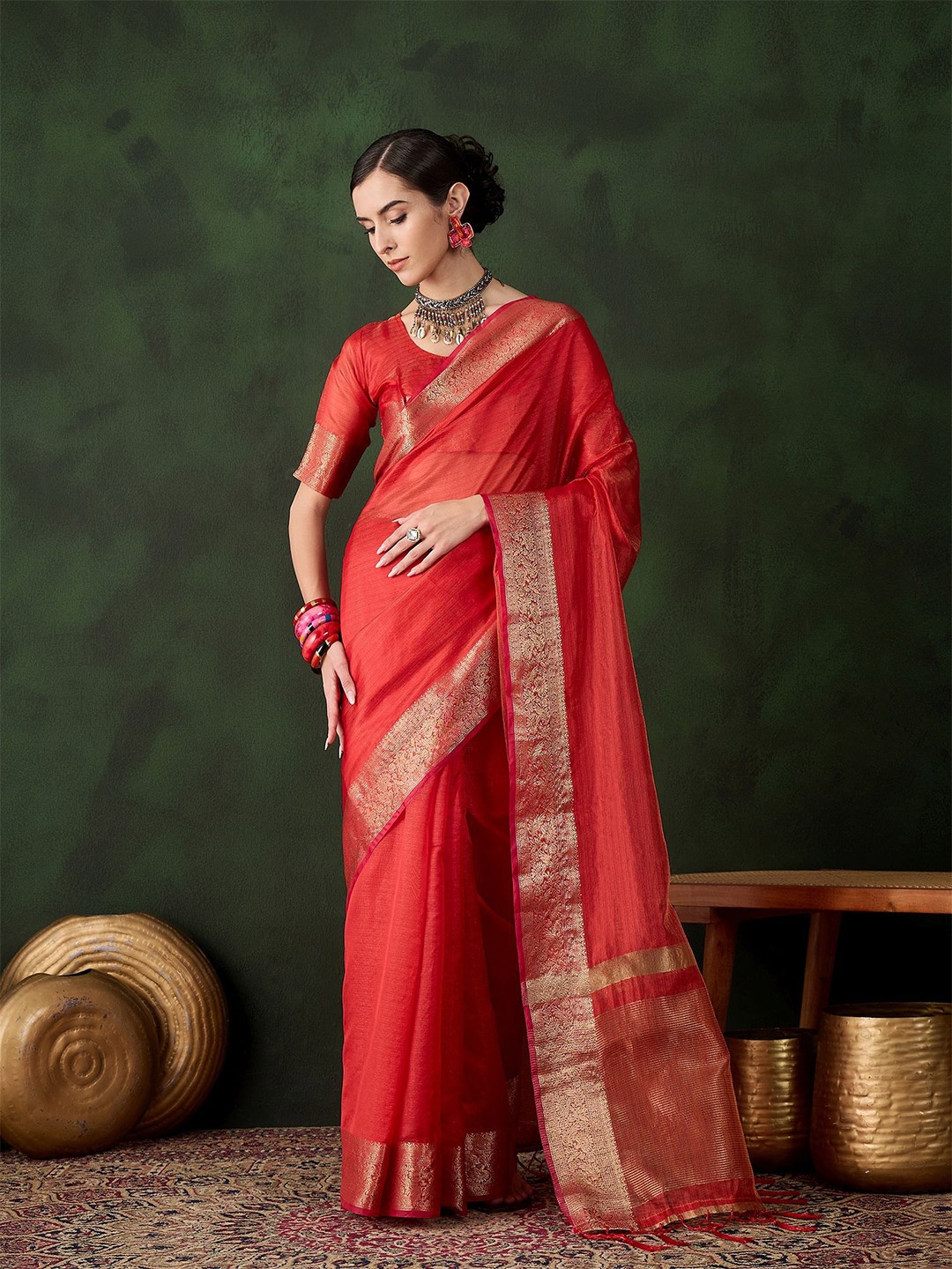 

KIMISHA Woven Design Zari Organza Kanjeevaram Saree, Red