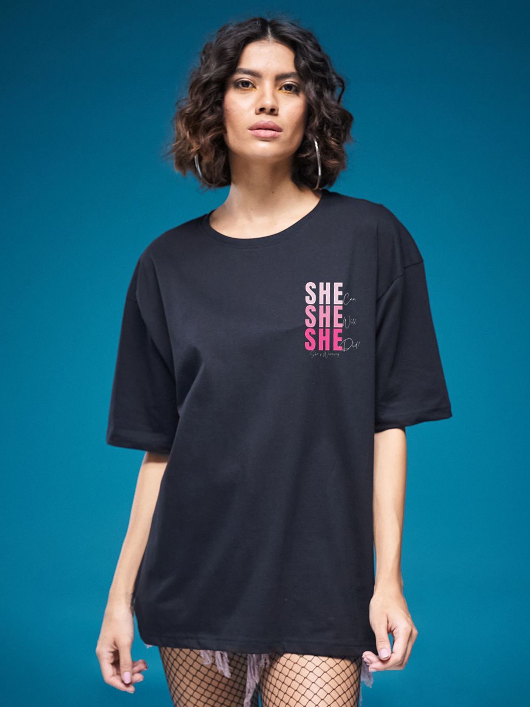 

SMARTEES Women Typography Printed Round Neck Cotton Oversized T-shirt, Black