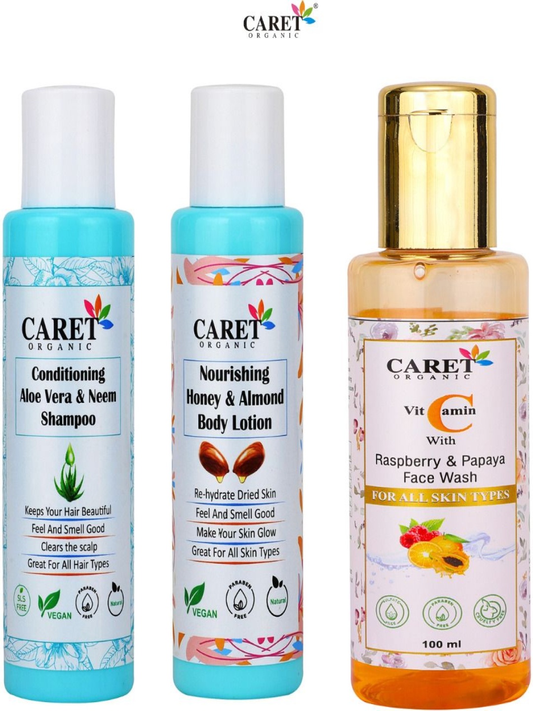 

CARET ORGANIC 3Pc Aloevera & Neem Shampoo & Honey Body Lotion With Vitamin C Face Wash, Multi