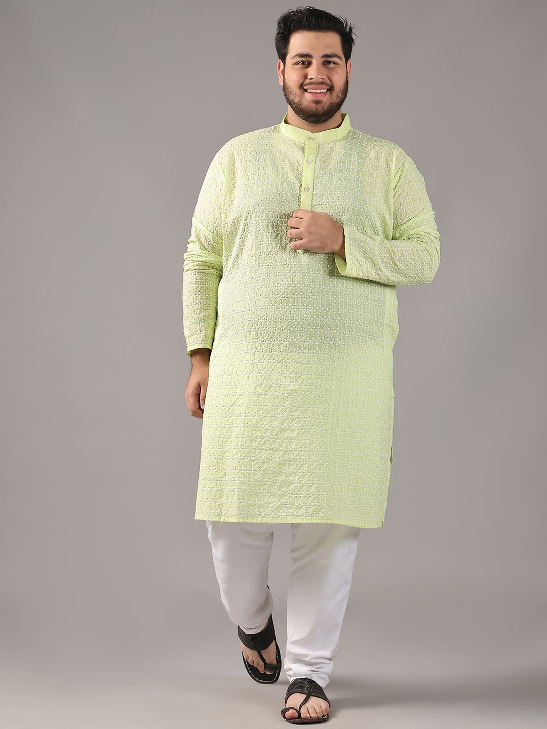 

SOJANYA PLUS Size Floral Embroidered Thread Work Band Collar Pure Cotton Straight Kurta, Green