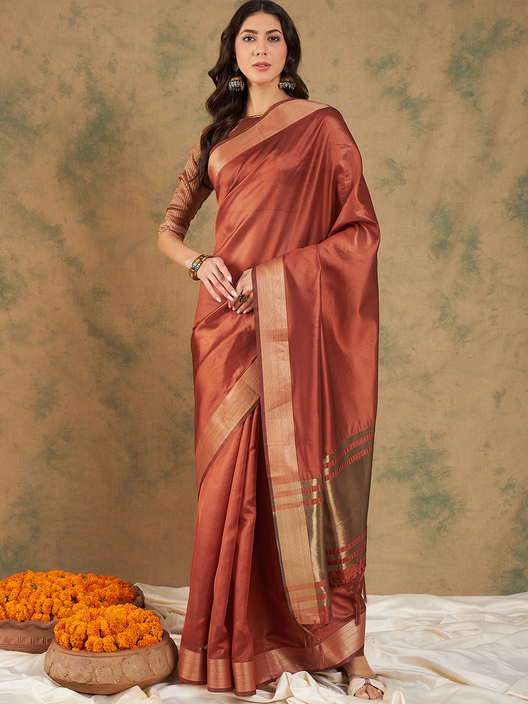 

KIMISHA Zari Organza Kanjeevaram Saree, Rust