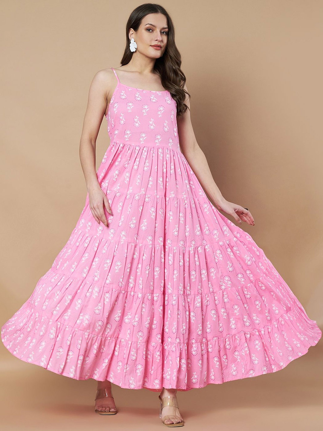 

Poshak Hub Floral Printed Shoulder Straps Tiered Anarkali Kurta, Pink