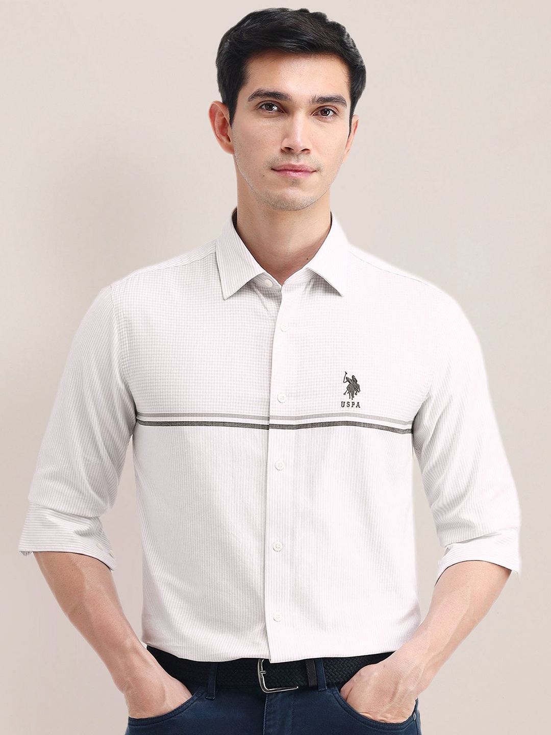 

U.S. Polo Assn. Men Spread Collar Multi Striped Cotton Casual Shirt, Grey