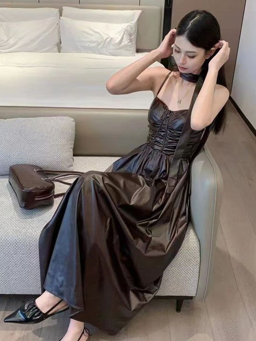 

PANKH Leather Fit & Flare Midi Dress, Brown