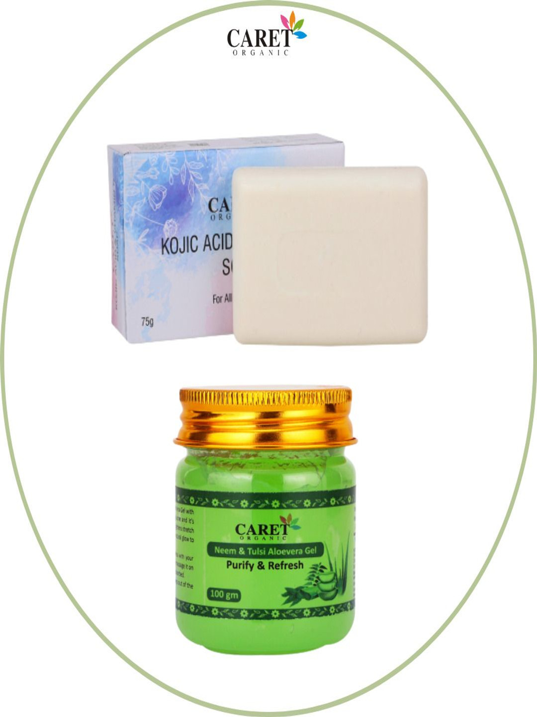 

CARET ORGANIC Set Of 2 Kojic Acid Soap - 75 g & Aloevera Neem & Tulsi Gel - 100 g, White