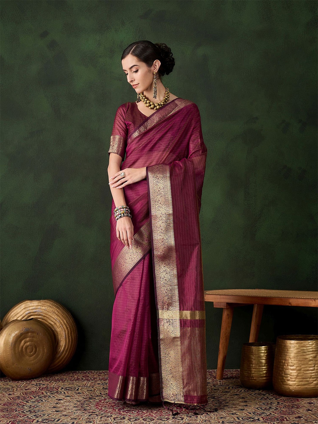 

KALINI Striped Zari Organza Kanjeevaram Saree, Magenta