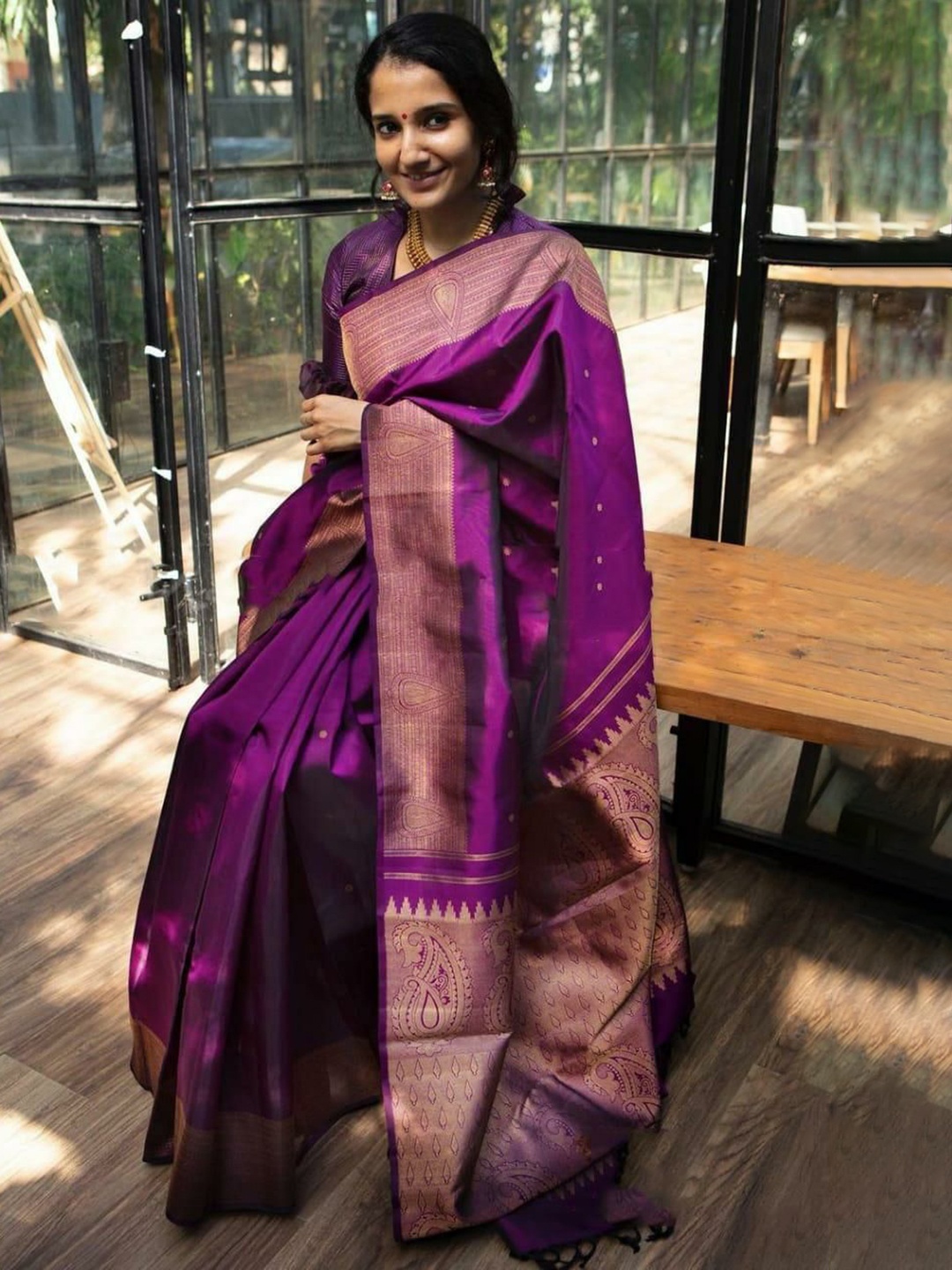 

Taslar Woven Design Zari Pure Silk Banarasi Saree, Purple