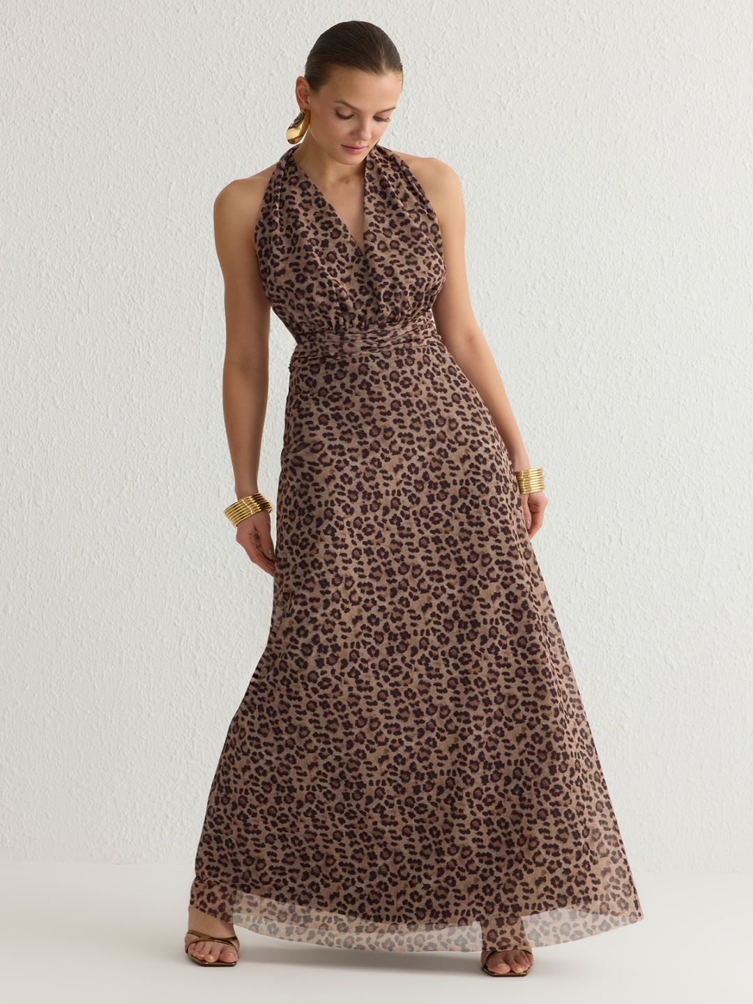 

Trendyol Animal Print Halter Neck Maxi Dress, Brown