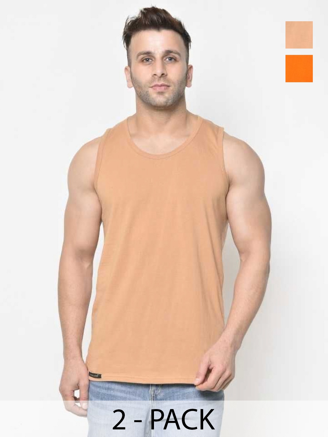 

WOOSTRO Men Pack Of 2 Sleeveless Cotton Slim Fit T-shirt, Peach