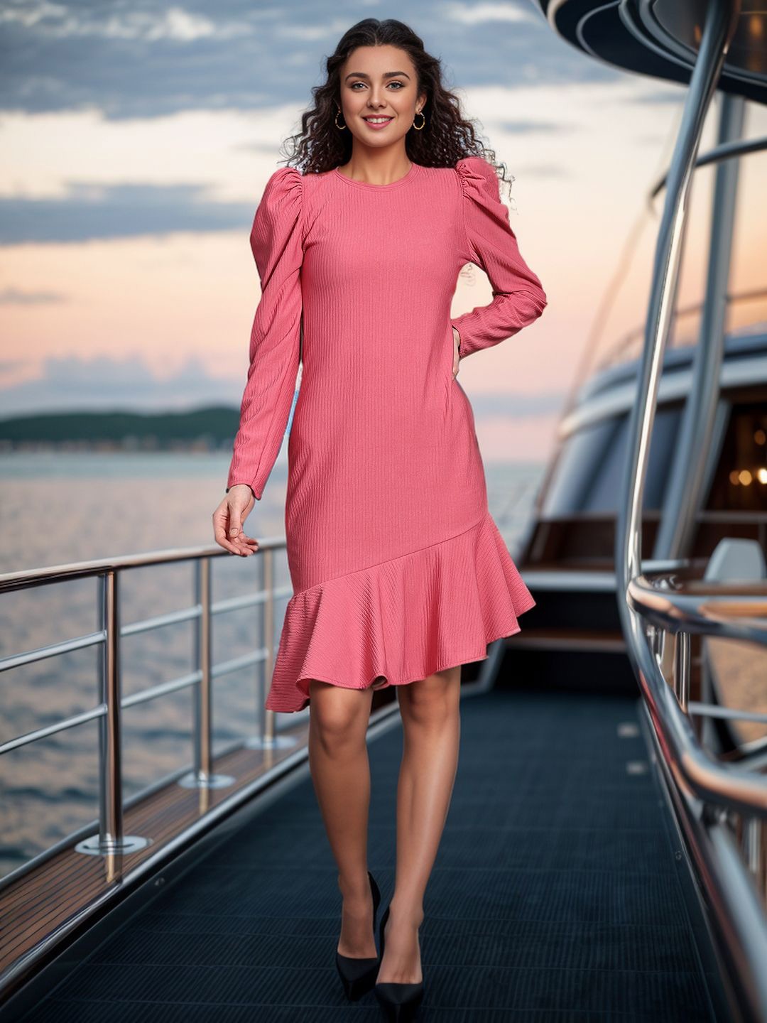 

DressBerry Women Puff Sleeves A-Line Dress, Pink