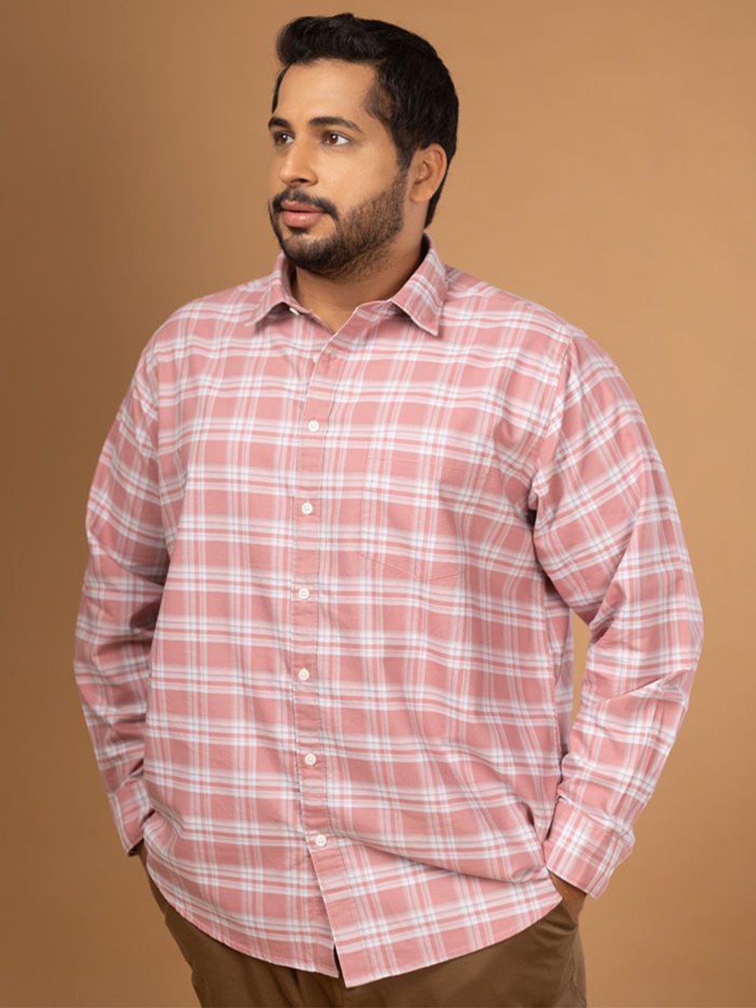 

Sizeupp Men Plus Size Standard Oversized Fit Tartan Checked Cotton Casual Shirt, Peach